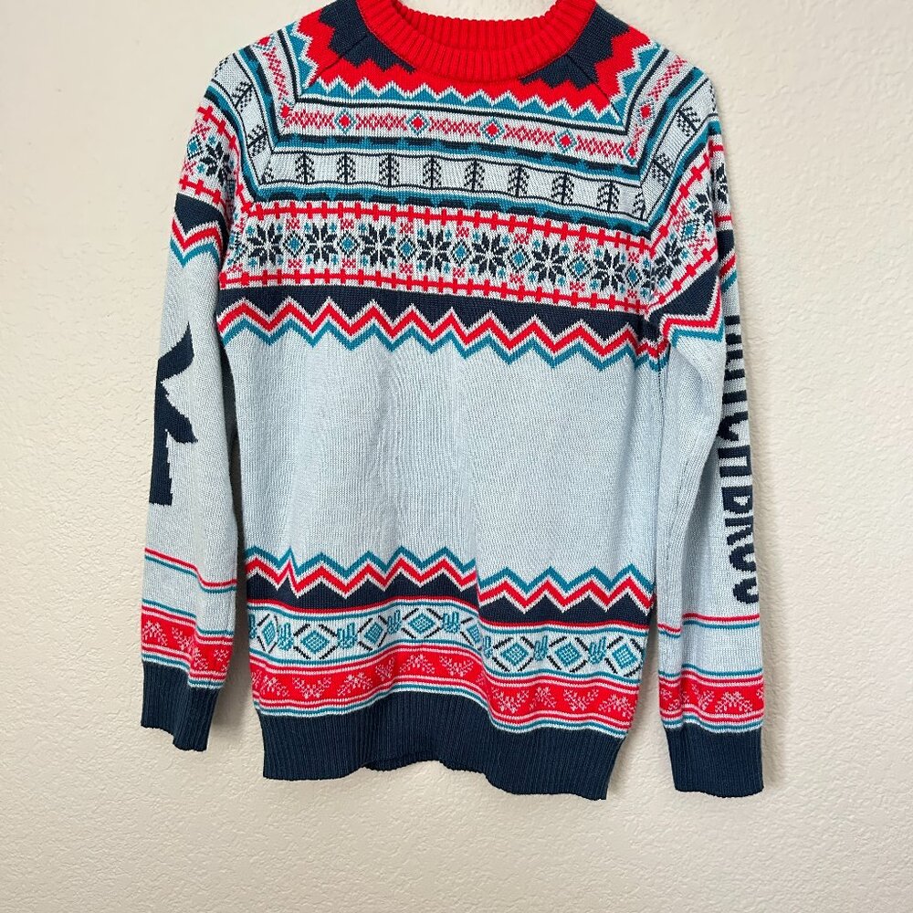 Dutch bros Christmas Light Blue Knit Sweater with Red Navy Accents
